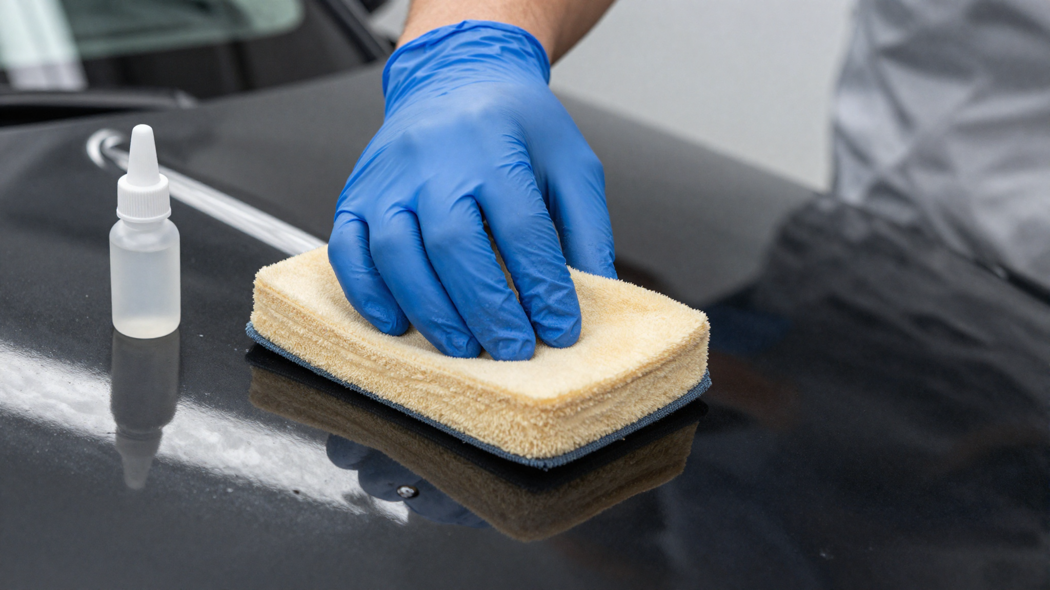 Certified technician applying ceramic coating to a glossy car hood